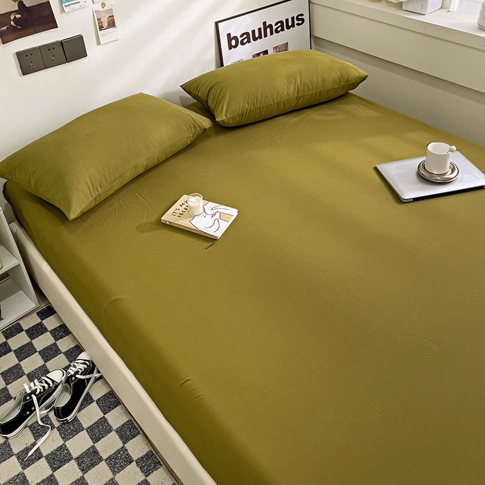 91家纺网 家纺一手货源 找家纺 六巷胡同 2023新款32支全棉纯色水洗棉单床笠 咸菜绿