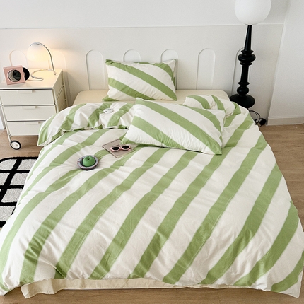 昔可家纺 2023新款多巴胺少女风条纹全棉四件套 青柠绿条