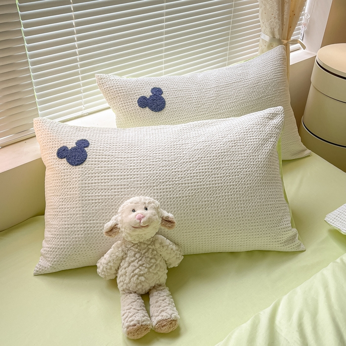 91家纺网 家纺一手货源 找家纺 慕尚2025华夫格全棉米奇毛巾绣四件套 米奇 白绿