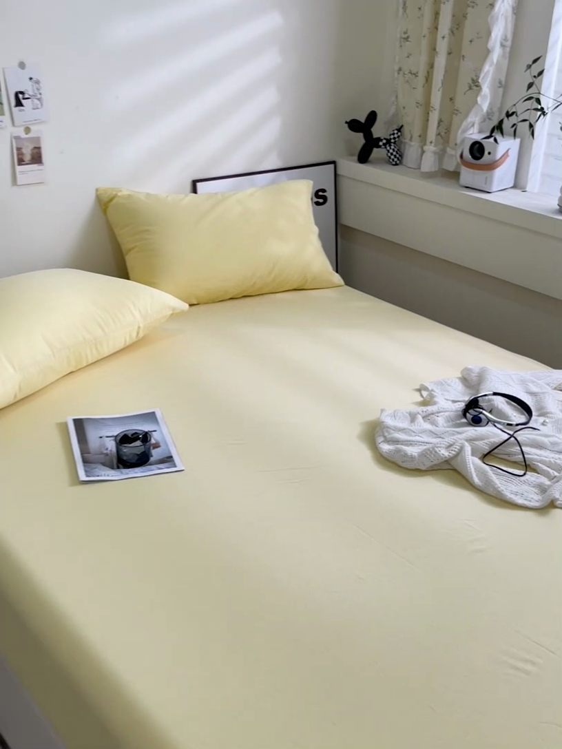 91家纺网 家纺一手货源 找家纺 六巷胡同 2023新款32支全棉纯色水洗棉单床笠 嫩鹅黄