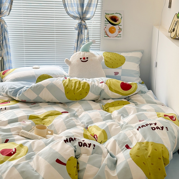 91家纺网 家纺一手货源 找家纺 昔可家纺 2023新款多巴胺卡通学生季全棉四件套 奶蓝雪梨