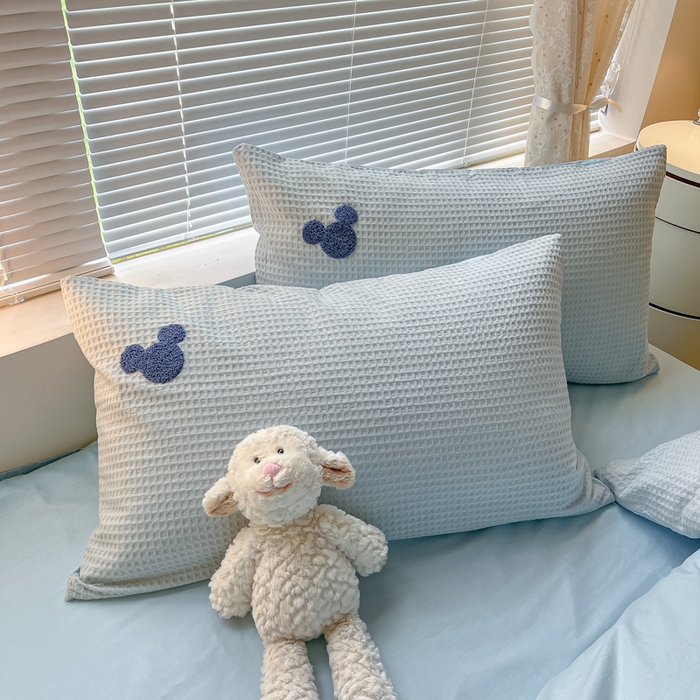 91家纺网 家纺一手货源 找家纺 慕尚2025华夫格全棉米奇毛巾绣四件套 米奇 天蓝