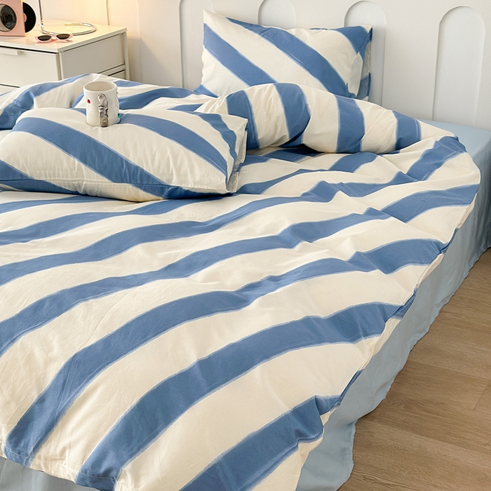 91家纺网 家纺一手货源 找家纺 昔可家纺 2023新款多巴胺少女风条纹全棉四件套 海盐蓝条