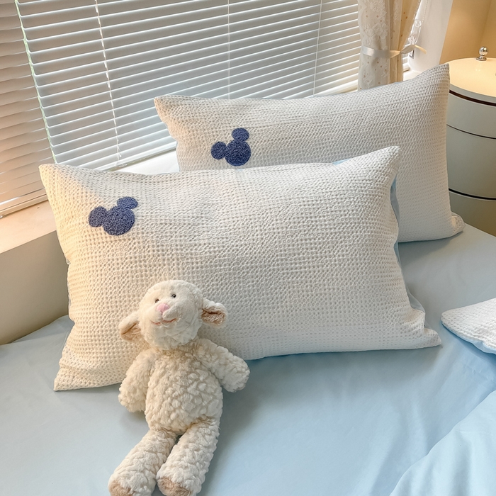 91家纺网 家纺一手货源 找家纺 慕尚2025华夫格全棉米奇毛巾绣四件套 米奇 白蓝