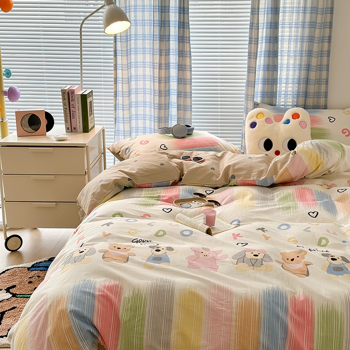 91家纺网 家纺一手货源 找家纺 昔可家纺 2023新款多巴胺卡通学生季全棉四件套 涂鸦小伙伴