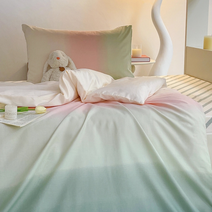 91家纺网 家纺一手货源 找家纺 昔可家纺 2023新款少女粉渐变色上下铺全棉四件套 松石粉绿