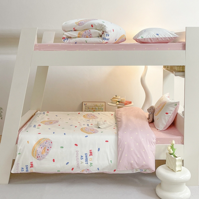 91家纺网 家纺一手货源 找家纺 昔可家纺 2023新款少女粉渐变色上下铺全棉四件套 可口甜甜圈