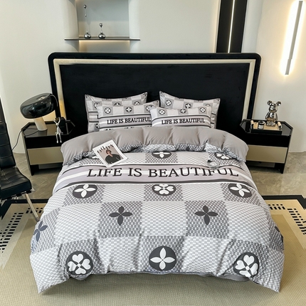 色鬼布艺 2023新款加厚双面磨毛数码大版印花四件套 四叶草-灰