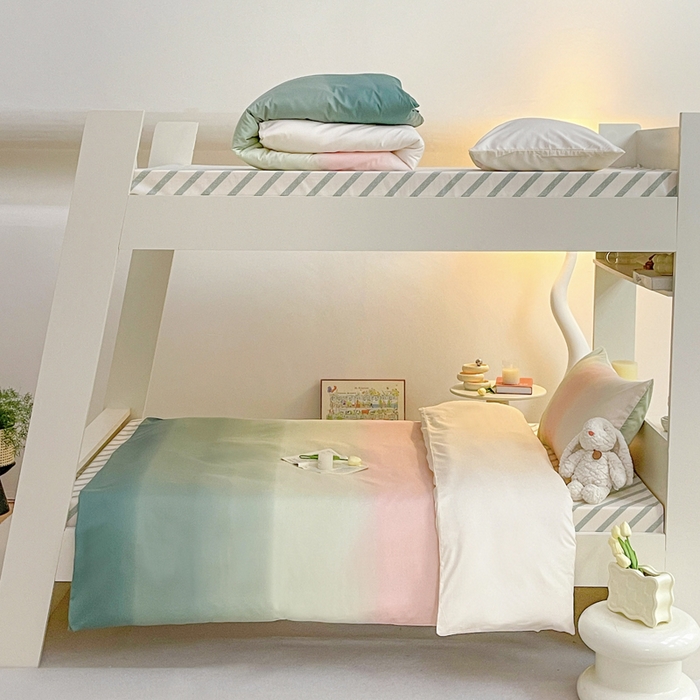 91家纺网 家纺一手货源 找家纺 昔可家纺 2023新款少女粉渐变色上下铺全棉四件套 松石粉绿