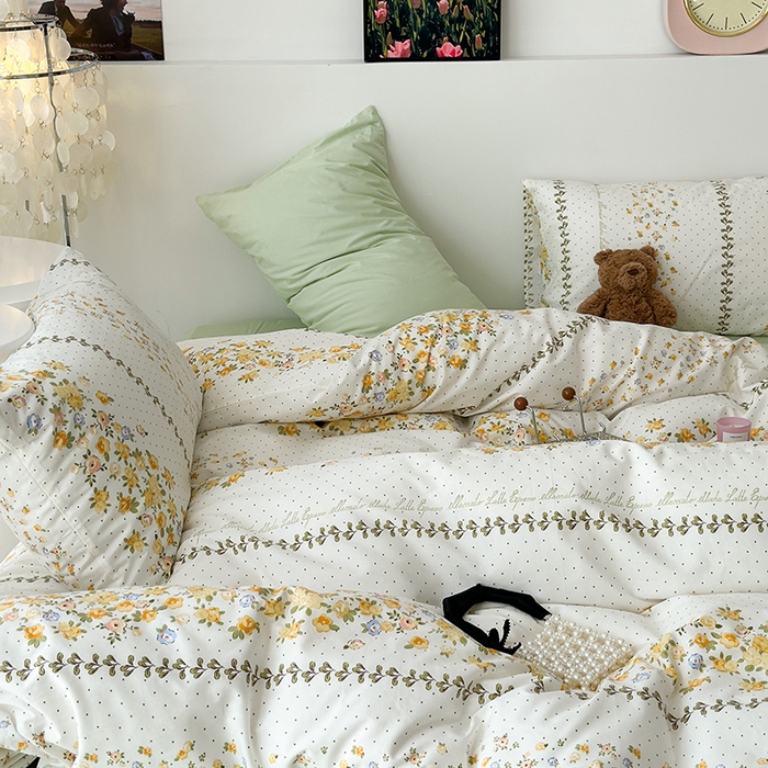 91家纺网 家纺一手货源 找家纺 昔可家纺 2023新款法式田园花卉混搭全棉四件套 夏语玫瑰