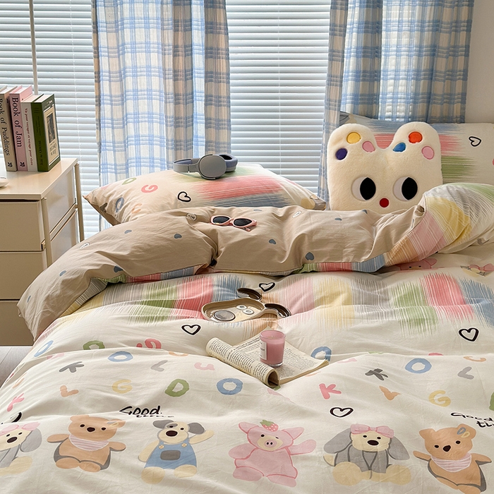 91家纺网 家纺一手货源 找家纺 昔可家纺 2023新款多巴胺卡通学生季全棉四件套 涂鸦小伙伴