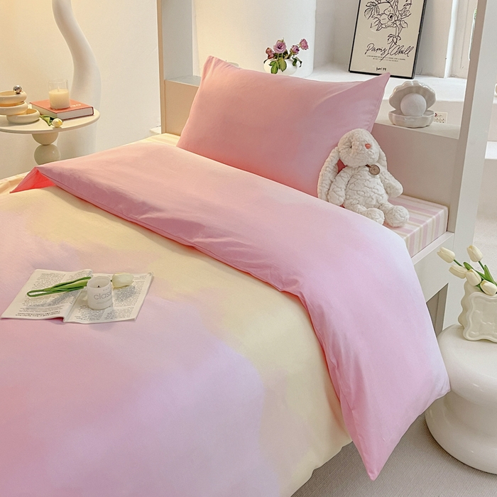 91家纺网 家纺一手货源 找家纺 昔可家纺 2023新款少女粉渐变色上下铺全棉四件套 粉雾少女