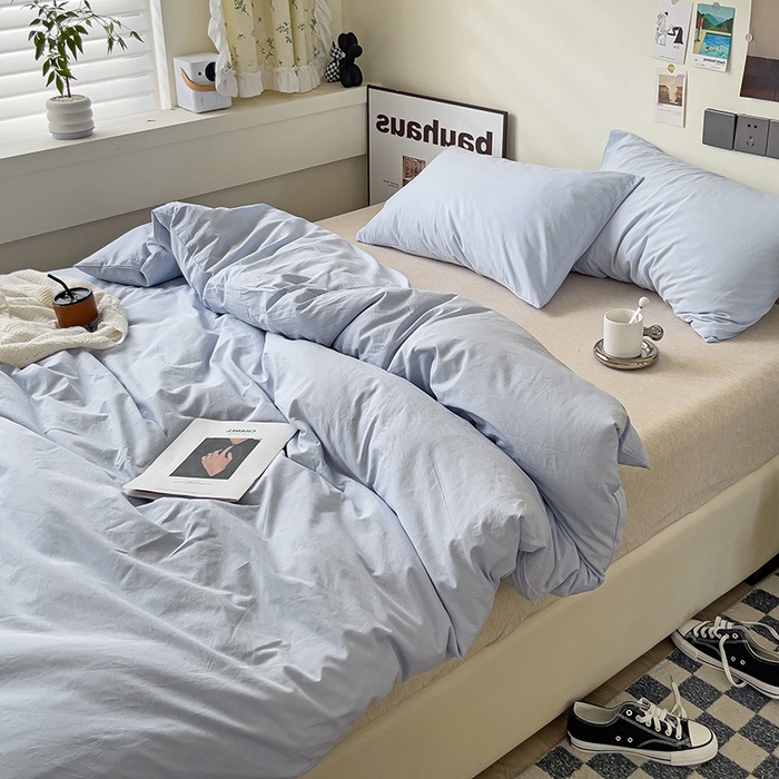 91家纺网 家纺一手货源 找家纺 六巷胡同 2023新款32支全棉纯色水洗棉单被套 奶油蓝