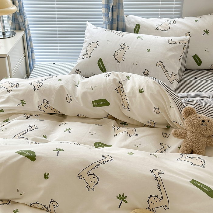 91家纺网 家纺一手货源 找家纺 昔可家纺 2023新款多巴胺卡通学生季全棉四件套 欢乐恐龙