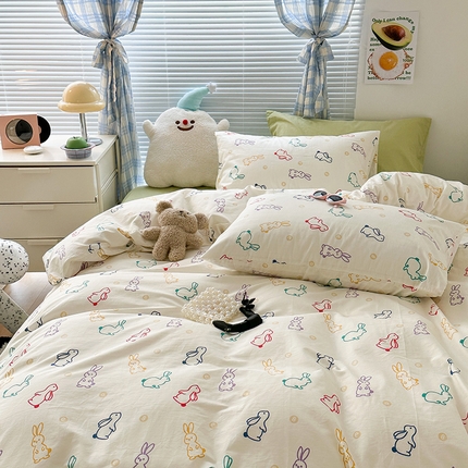 昔可家纺 2023新款多巴胺卡通学生季全棉四件套 多巴胺小兔