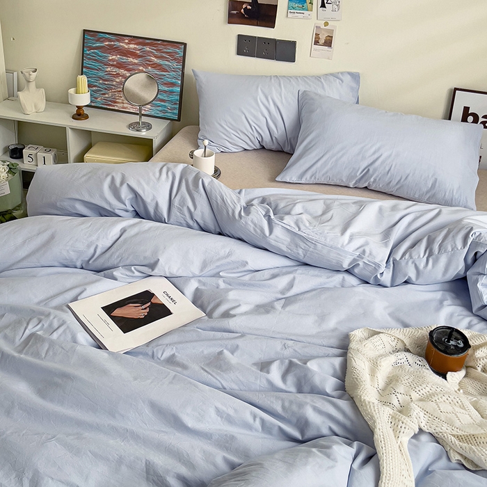 91家纺网 家纺一手货源 找家纺 六巷胡同 2023新款32支全棉纯色水洗棉单被套 奶油蓝