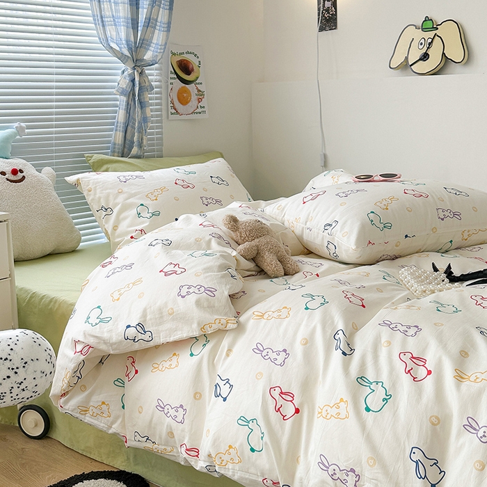 91家纺网 家纺一手货源 找家纺 昔可家纺 2023新款多巴胺卡通学生季全棉四件套 多巴胺小兔