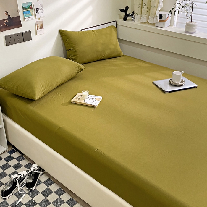 91家纺网 家纺一手货源 找家纺 六巷胡同 2023新款32支全棉纯色水洗棉单床笠 咸菜绿