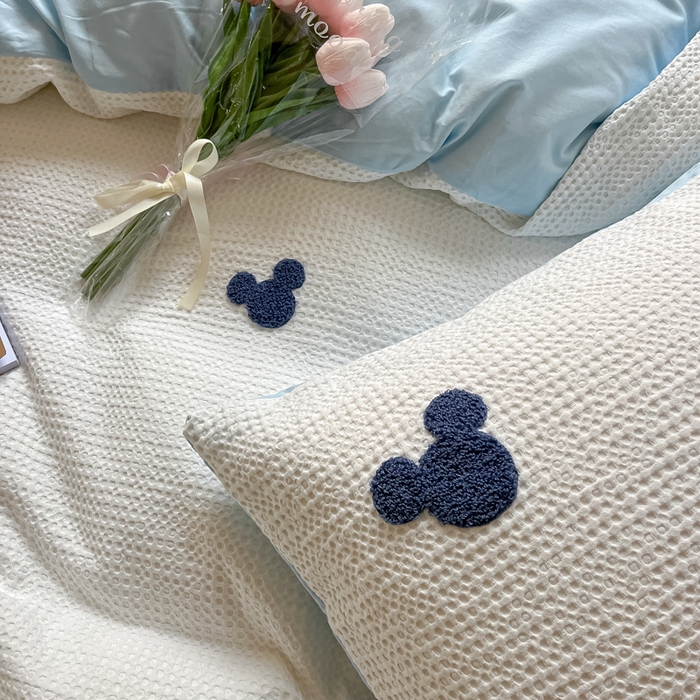 91家纺网 家纺一手货源 找家纺 慕尚2025华夫格全棉米奇毛巾绣四件套 米奇 白蓝