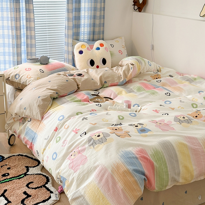 91家纺网 家纺一手货源 找家纺 昔可家纺 2023新款多巴胺卡通学生季全棉四件套 涂鸦小伙伴