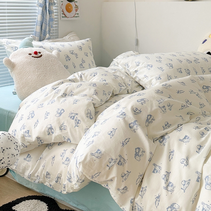 91家纺网 家纺一手货源 找家纺 昔可家纺 2023新款多巴胺卡通学生季全棉四件套 蓝色素描猫