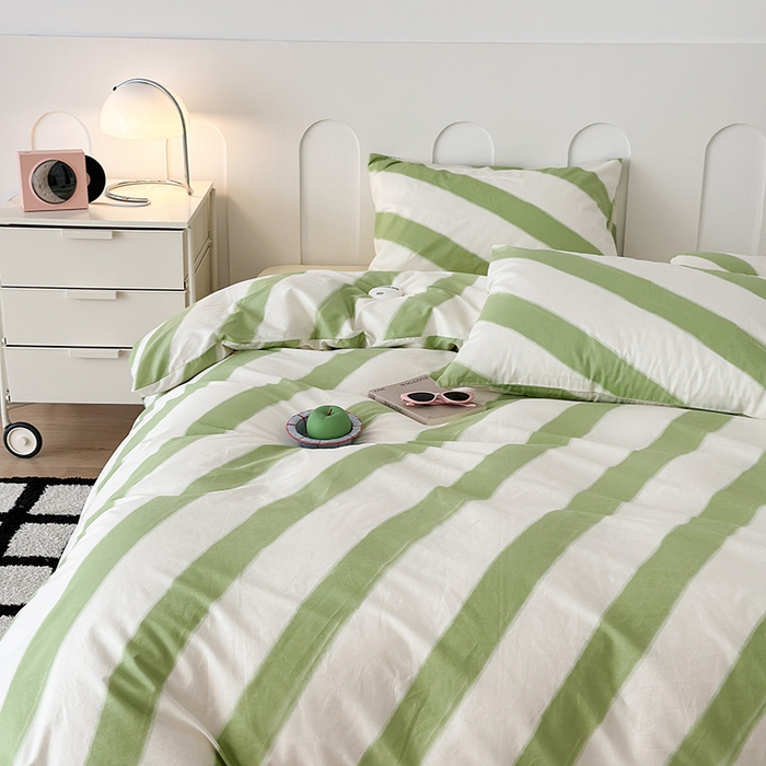 91家纺网 家纺一手货源 找家纺 昔可家纺 2023新款多巴胺少女风条纹全棉四件套 青柠绿条