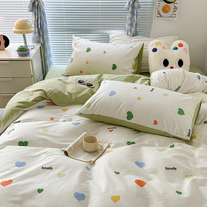 91家纺网 家纺一手货源 找家纺 昔可家纺 2023新款多巴胺卡通学生季全棉四件套 多巴胺爱心