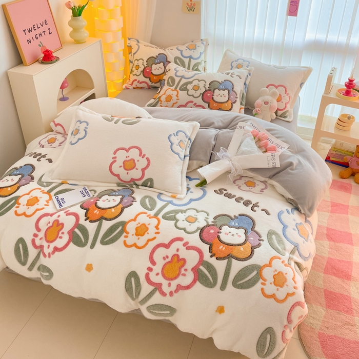 91家纺网 家纺一手货源 找家纺 同田家纺 2024秋冬新品雪花绒牛奶绒印花四件套 七彩家园