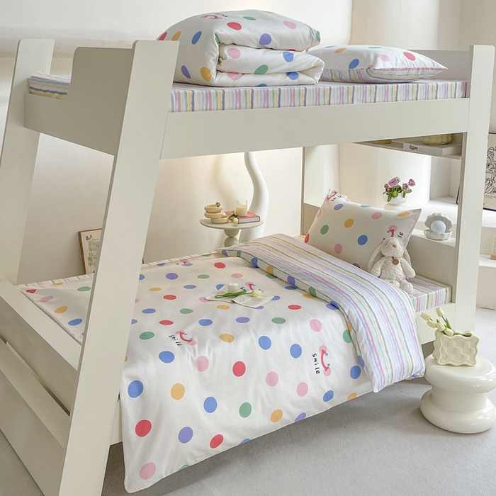 91家纺网 家纺一手货源 找家纺 昔可家纺 2023新款少女粉渐变色上下铺全棉四件套 微笑彩波点