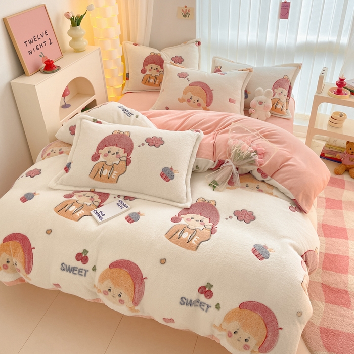 91家纺网 家纺一手货源 找家纺 同田家纺 2024秋冬新品雪花绒牛奶绒印花四件套 甜蜜女孩