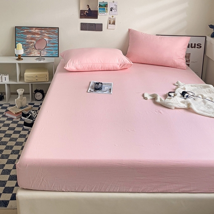 91家纺网 家纺一手货源 找家纺 六巷胡同 2023新款32支全棉纯色水洗棉单床笠 樱花粉