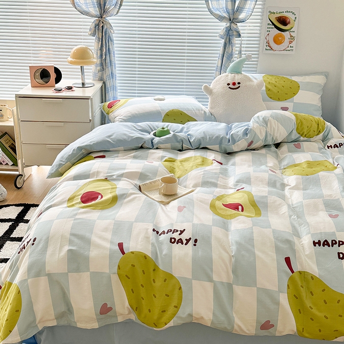 91家纺网 家纺一手货源 找家纺 昔可家纺 2023新款多巴胺卡通学生季全棉四件套 奶蓝雪梨