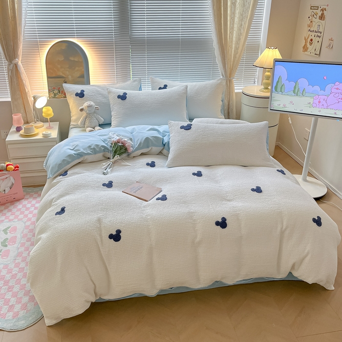 91家纺网 家纺一手货源 找家纺 慕尚2025华夫格全棉米奇毛巾绣四件套 米奇 白蓝