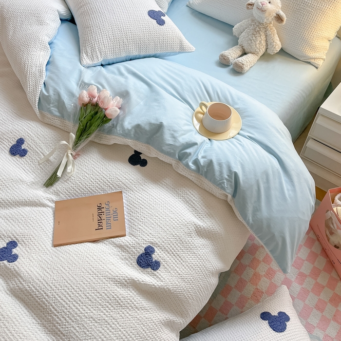 91家纺网 家纺一手货源 找家纺 慕尚2025华夫格全棉米奇毛巾绣四件套 米奇 白蓝