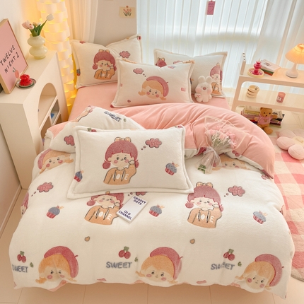 同田家纺 2024秋冬新品雪花绒牛奶绒印花四件套 甜蜜女孩