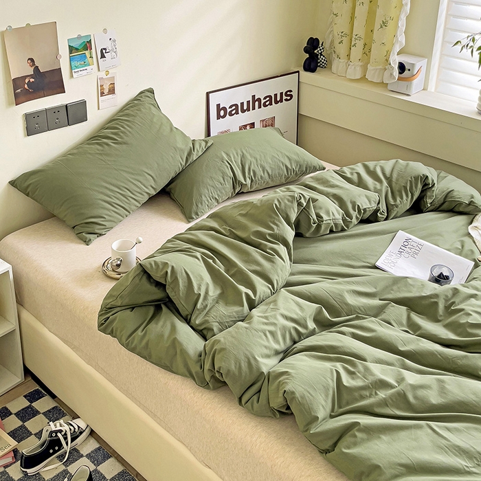 91家纺网 家纺一手货源 找家纺 六巷胡同 2023新款32支全棉纯色水洗棉单被套 抹茶绿