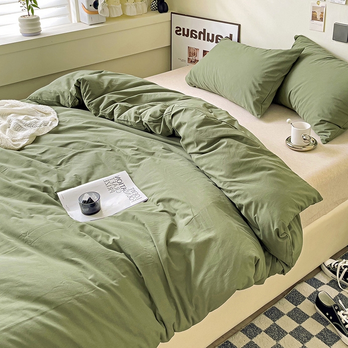91家纺网 家纺一手货源 找家纺 六巷胡同 2023新款32支全棉纯色水洗棉单被套 抹茶绿