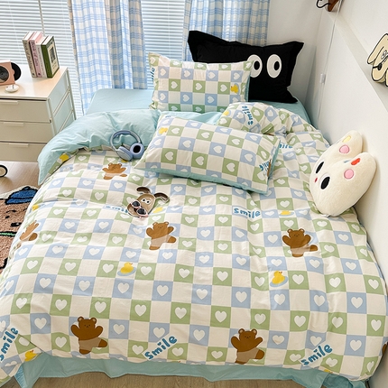 昔可家纺 2023新款多巴胺卡通学生季全棉四件套 格子爱心熊
