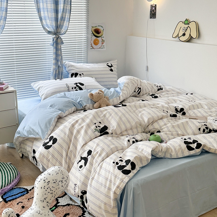 91家纺网 家纺一手货源 找家纺 昔可家纺 2023新款多巴胺卡通学生季全棉四件套 呆萌熊猫