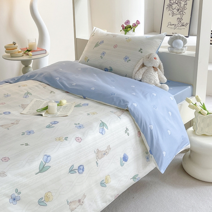 91家纺网 家纺一手货源 找家纺 昔可家纺 2023新款少女粉渐变色上下铺全棉四件套 森系花园兔