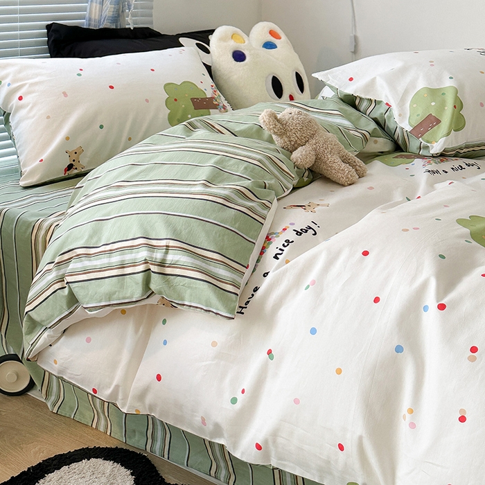 91家纺网 家纺一手货源 找家纺 昔可家纺 2023新款多巴胺卡通学生季全棉四件套 小树林与狗