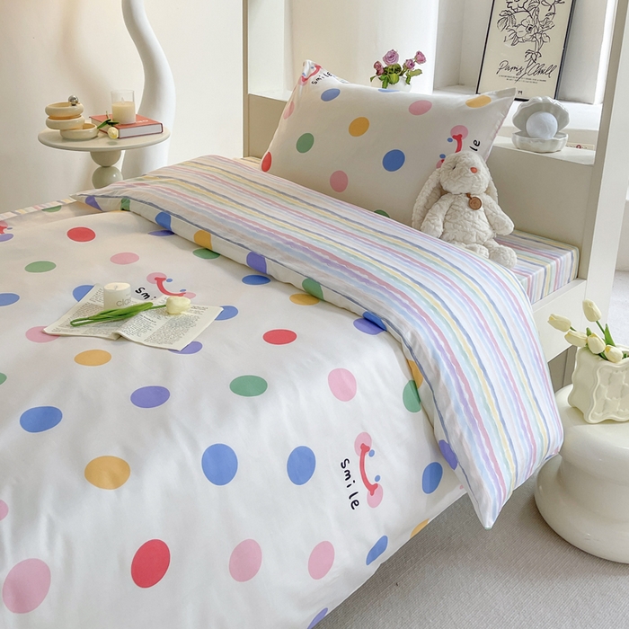 91家纺网 家纺一手货源 找家纺 昔可家纺 2023新款少女粉渐变色上下铺全棉四件套 微笑彩波点