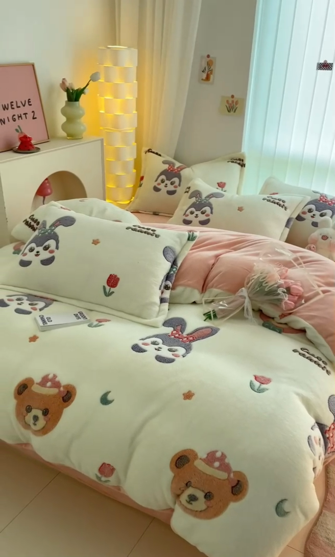 91家纺网 家纺一手货源 找家纺 同田家纺 2024秋冬新品雪花绒牛奶绒印花四件套 可爱小兔