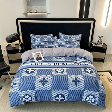 色鬼布艺 2023新款加厚双面磨毛数码大版印花四件套 四叶草-蓝