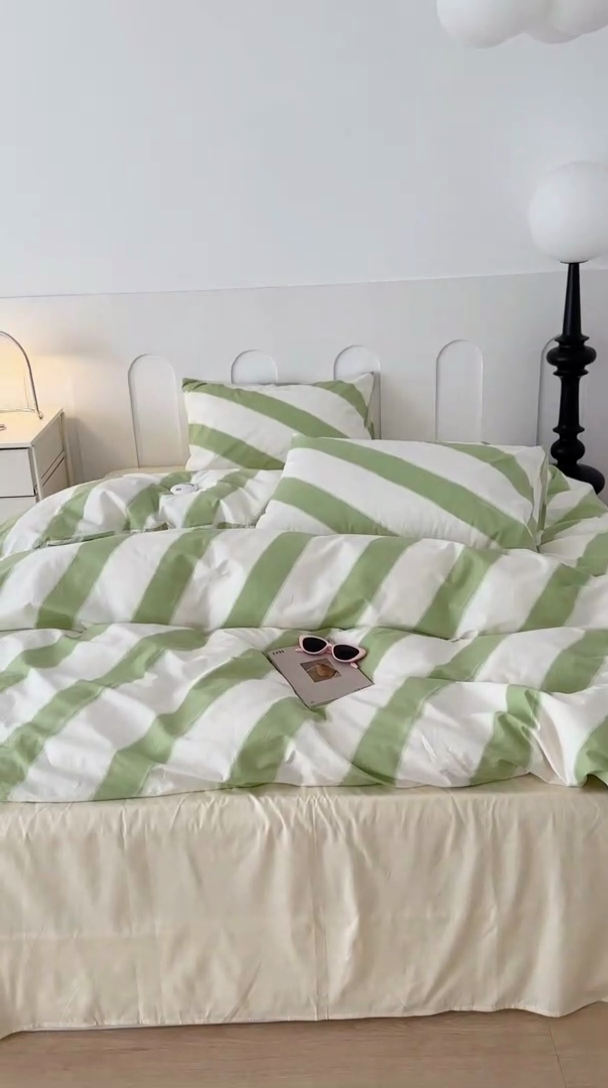 91家纺网 家纺一手货源 找家纺 昔可家纺 2023新款多巴胺少女风条纹全棉四件套 青柠绿条