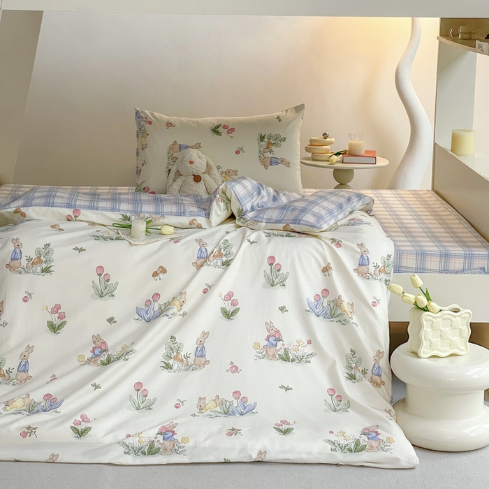 91家纺网 家纺一手货源 找家纺 昔可家纺 2023新款少女粉渐变色上下铺全棉四件套 花丛兔兔