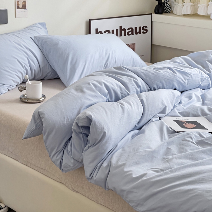 91家纺网 家纺一手货源 找家纺 六巷胡同 2023新款32支全棉纯色水洗棉单被套 奶油蓝