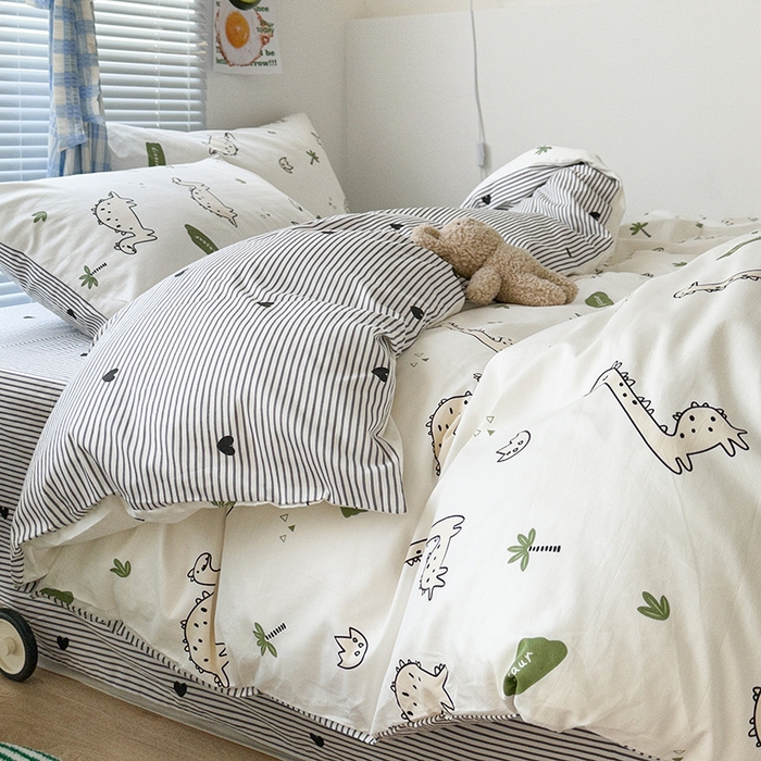 91家纺网 家纺一手货源 找家纺 昔可家纺 2023新款多巴胺卡通学生季全棉四件套 欢乐恐龙