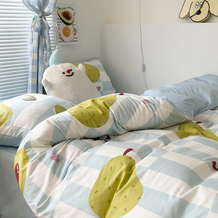 91家纺网 家纺一手货源 找家纺 昔可家纺 2023新款多巴胺卡通学生季全棉四件套 奶蓝雪梨