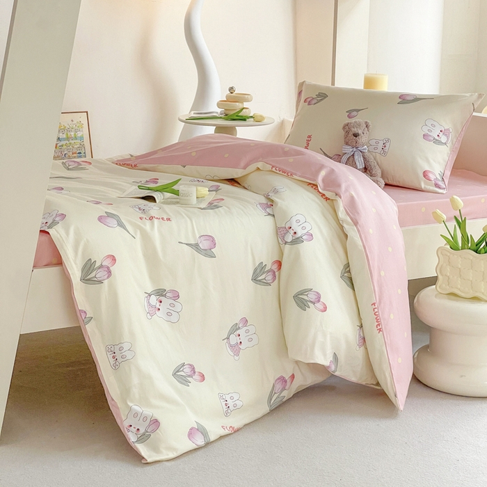 91家纺网 家纺一手货源 找家纺 昔可家纺 2023新款少女粉渐变色上下铺全棉四件套 软萌兔兔郁金